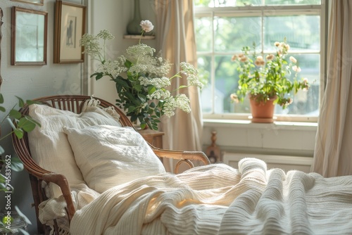 A cozy bed in morningt without guests relaxing in the room photo