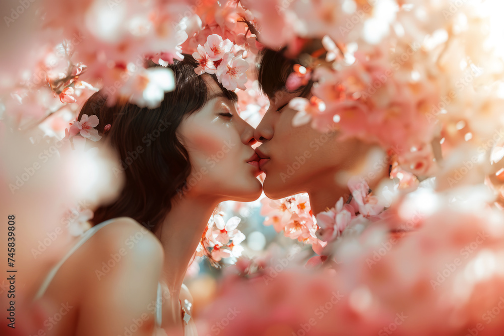 A young and beautiful Asian couple is kissing in a garden of blooming cherry blossoms. The delicate pink color palette, soft lighting, and romantic illustration create a captivating scene A young and beautiful Asian couple is kissing in a garden of blooming cherry blossoms. The delicate pink color palette, soft lighting, and romantic illustration create a captivating scene