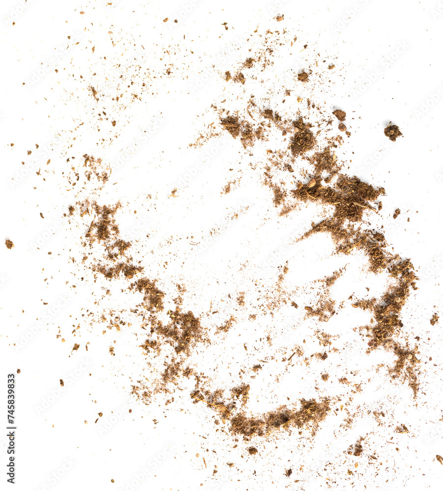 Dirty soil on white background, natural soil texture Dirty soil on white background, natural soil texture