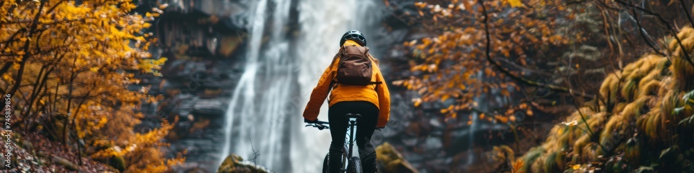 A cyclist on a journey passing through a forest of maple trees with a stunning waterfall backdrop symbolizing adventure and nature