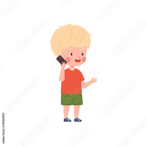 Cute blonde child boy talking on mobile phone flat style
