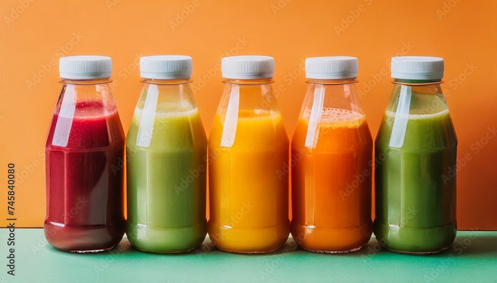 Vibrant detox juice with various flavors in glass bottles. Healthy and organic drink Vibrant detox juice with various flavors in glass bottles. Healthy and organic drink