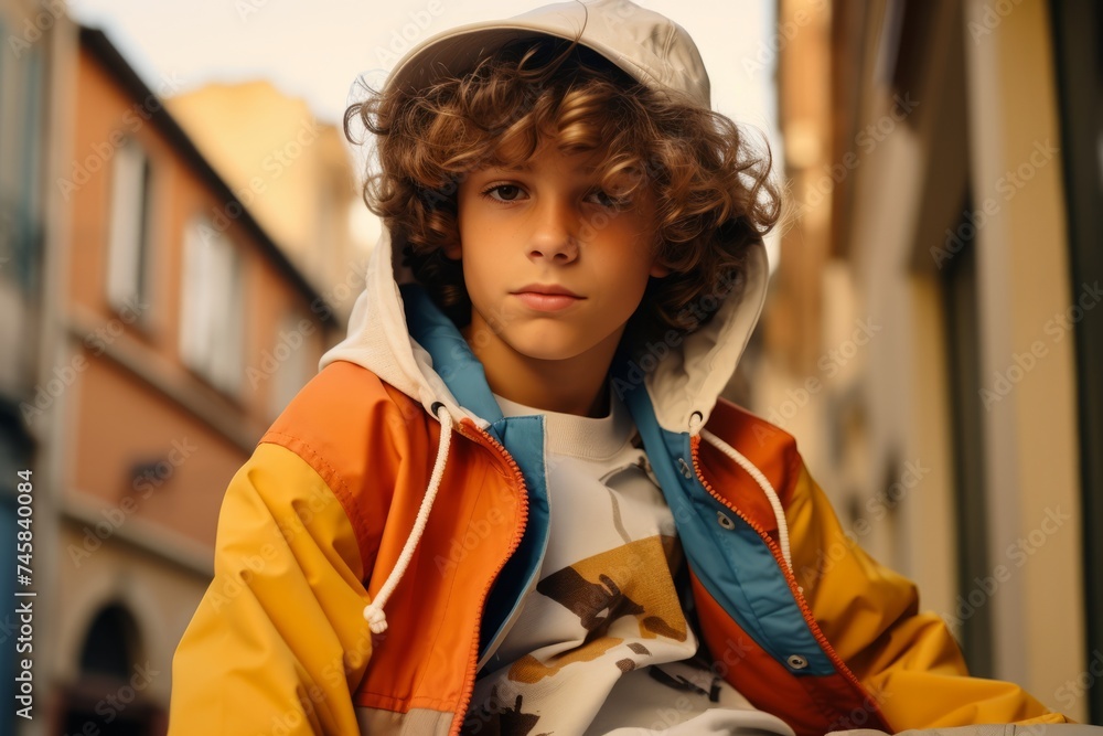 Portrait of a boy with curly hair in a yellow jacket on the street Portrait of a boy with curly hair in a yellow jacket on the street