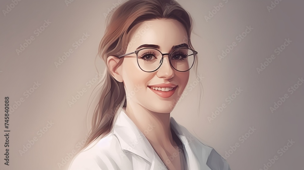 portrait of a female doctor in a white coat smiling slightly on a blue background photo portrait of a female doctor in a white coat smiling slightly on a blue background photo