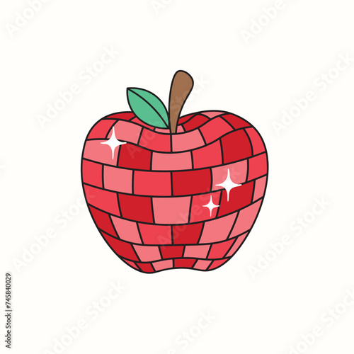 Hand drawn cute disco ball apple vector, disco ball school, red apple mirrorball vector