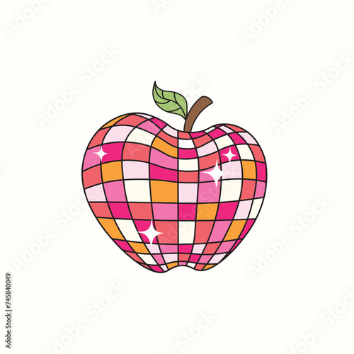 Hand drawn cute disco ball apple vector, disco ball school, red apple mirrorball vector