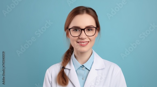 portrait of a female doctor in a white coat smiling slightly on a blue background photo