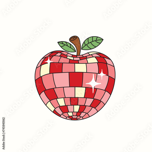 Hand drawn cute disco ball apple vector, disco ball school, red apple mirrorball vector