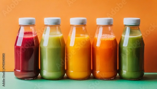 Vibrant detox juice with various flavors in glass bottles. Healthy and organic drink
