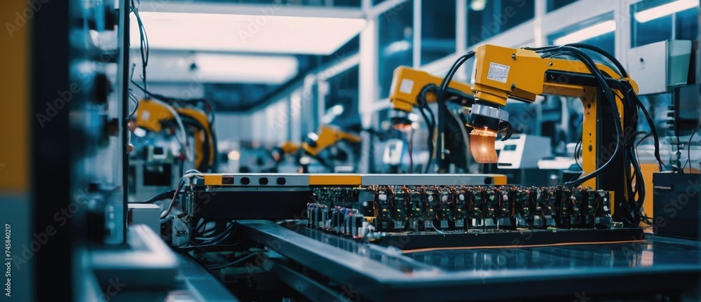 Electronic Boards, Chips, and Microscope Component Installation Automated Assembly Line Electronics Production Industry with High-Precision Robotics	
