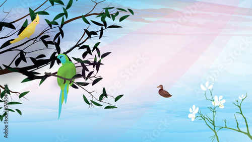 God created all kinds of birds on the fifth day. Six Days of Creation. Bible creation story picture. Creation of the world. 