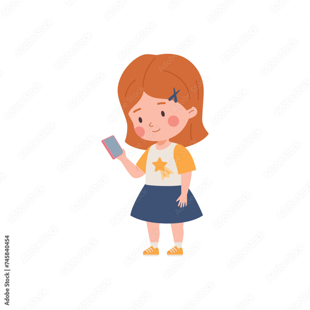 Cute little child girl using mobile phone flat style