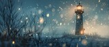 A lighthouse standing tall in a winter wonderland with snowflakes gently falling around it evoking warmth amidst cold