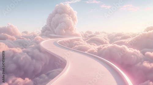 A 3D depiction featuring an infinite roadway surrounded by clouds, or a perpetual road design for advertising purposes photo