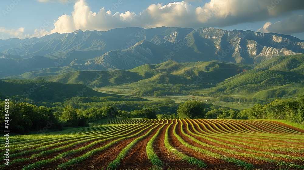 Bioenergy Plantation. An expansive field of crops, such as corn or sugarcane, is cultivated for bioenergy production, with workers harvesting the renewable biomass