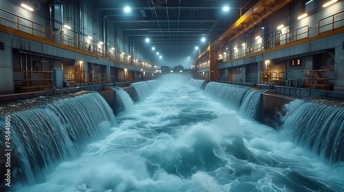 Hydroelectric Power Plant. Workers are photographed inside a hydroelectric power plant, overseeing the operation of turbines and generators. The rushing water and machinery