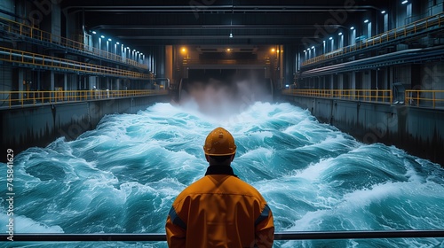 Hydroelectric Power Plant. Workers are photographed inside a hydroelectric power plant, overseeing the operation of turbines and generators. The rushing water and machinery photo