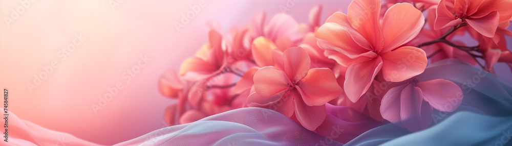 Digital artwork capturing the soft essence of blooming flowers, with delicate petals unfolding in a dreamlike gradient of pink to blue tones. Perfect for simple poster layout.