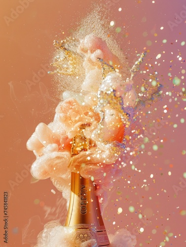 Moet & Chandon champagne bottle with a whimsical explosion of gold glitter and foam against a warm orange background photo