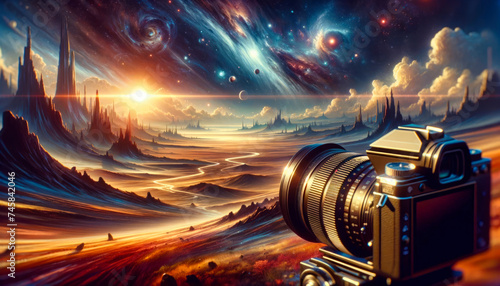 A vintage camera with a large lens is set against a fantastical cosmic background depicting swirling galaxies, nebulas, and celestial bodies in vibrant hues of orange, blue, and purple.
