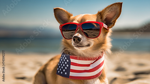 a cute dog with sunglases and am American flag on the beach photo