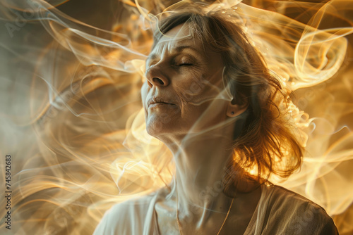 Portrait of a woman doing energy therapy with energy power flowing around her