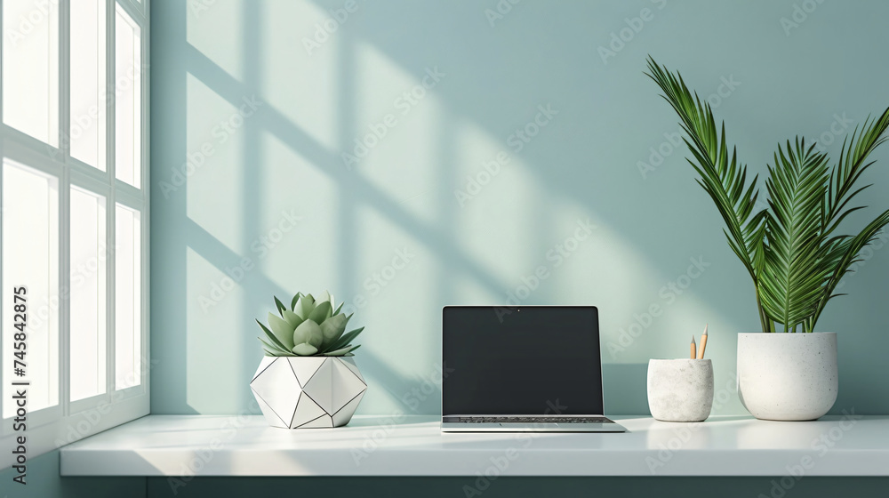 A simplistic yet elegant office space with a white desk. A simplistic yet elegant office space with a white desk.