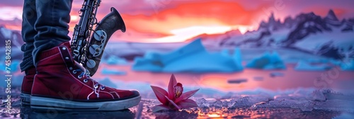 A saxophone player in sneakers near a glacier at sunset with an pink orchid
