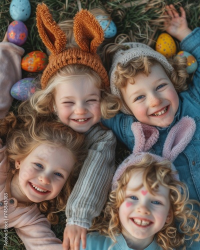 Joyful children lying on grass with Easter eggs, wearing bunny ears and celebrating spring