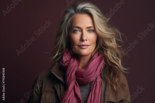 Portrait of a beautiful middle aged woman with long blond hair and a pink scarf.