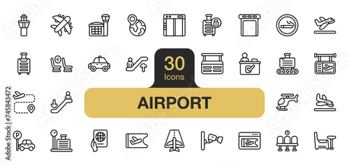 Set of 30 Airport icon element set. Includes airplane, car, escalator, cabin, passport, landing, and More. Outline icons vector collection.