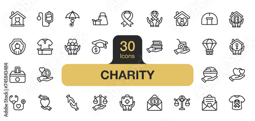 Set of 30 Charity icon element sets. Includes Volunteer, Donation, Sheltering, Charity  support, and More. Outline icons vector collection.
