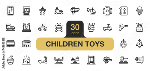 Set of 30 Children's toys icon element sets. Includes tale, castle, puppet, board, piano, skate, and More. Outline icons vector collection.