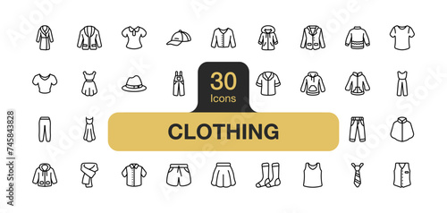 Set of 30 Clothing icon element sets. Includes Shirt, Blouse, Dress, Skirt, Pants, Shorts, Jacket, Coat, Sweater, and More. Outline icons vector collection.