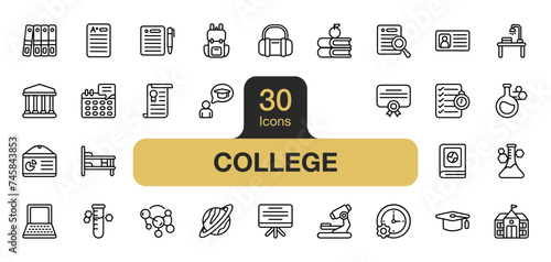 Set of 30 College icon element set. Includes Backpack, idea, graduate, research, study, university and More. Outline icons vector collection.