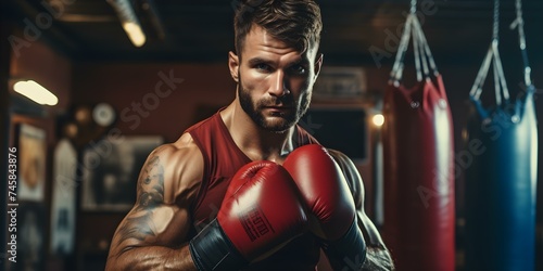 Athletic boxer training hard by hitting punching bag with red gloves. Concept Boxing training, Athletic workout, Punching bag practice, Red boxing gloves, Fitness discipline © Ян Заболотний