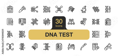 Set of 30 DNA test icon element sets. Includes Test tube, Microscope, Genetic code, Sample collection, Laboratory, Pipette, and More. Outline icons vector collection.