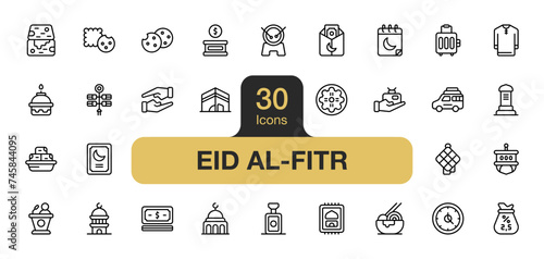 Set of 30 Eid Al-Fitr icon element sets. Includes ramadan, mosque, gift, money, lamp, zakat, donation, and More. Outline icons vector collection.