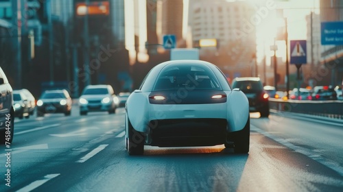 A future concept visualized through a scene where an autonomous smart car navigates through traffic, scanning the road and maintaining distance from other vehicles