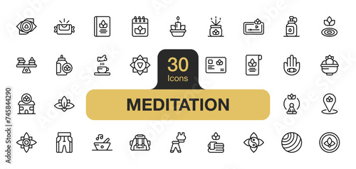 Set of 30 Meditation icon element sets. Includes yoga, health food, sport, tea, candle, book, and More. Outline icons vector collection.
