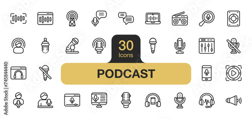 Set of 30 Podcast icon element set. Includes speaker, mic, mixer, on air, radio, broadcast, and More. Outline icons vector collection.
