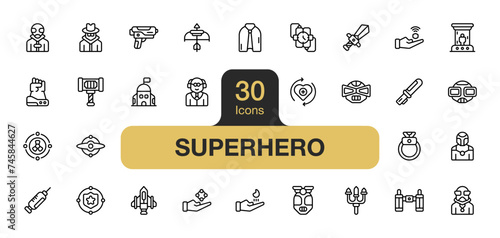 Set of 30 Superhero icon element sets. Includes Hammer, villain, Trident, Helmet, Telekinesis, Robot, Teleport, Sword, and More. Outline icons vector collection.