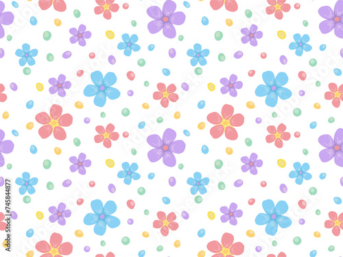 Seamless color pattern with a scattering of flat delicate flowers and candy dragees. Vector cute pattern for wallpaper, textile, covers, fabric, packaging, children's theme