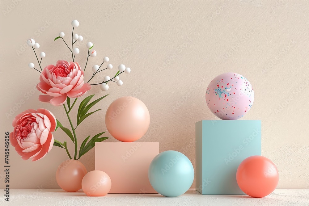 A gentle and aesthetic composition of pastel-colored flowers and decorative balls arranged on geometrical shapes