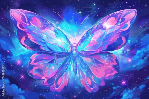 A vibrant purple butterfly, a vital pollinator and beautiful arthropod, gracefully soars in the sky among pink and violet petals