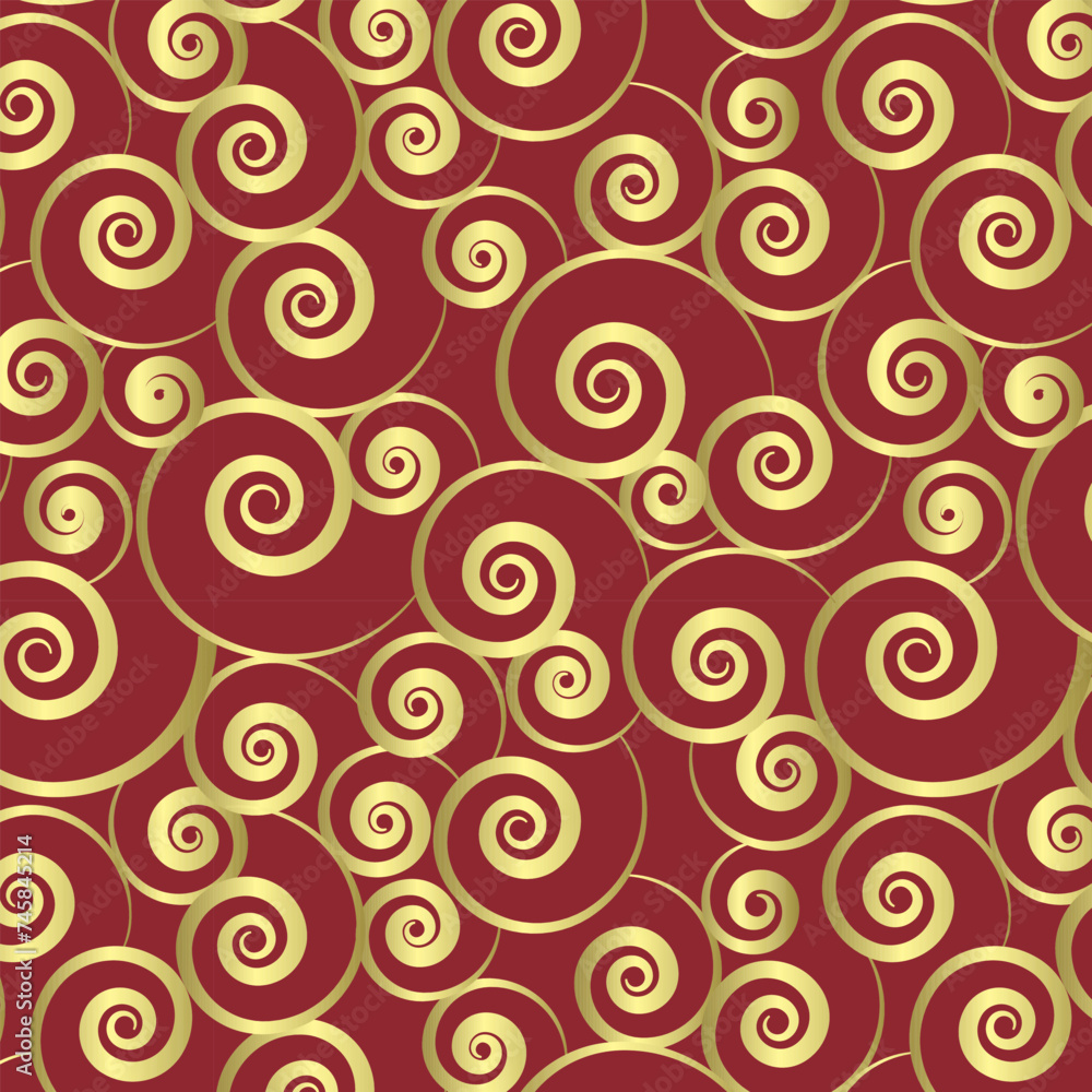 Endless pattern of golden spirals on dark red background. Luxury metallic Christmas design.