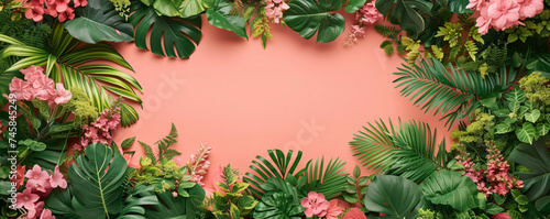 frame from botanical plants and flower pink background