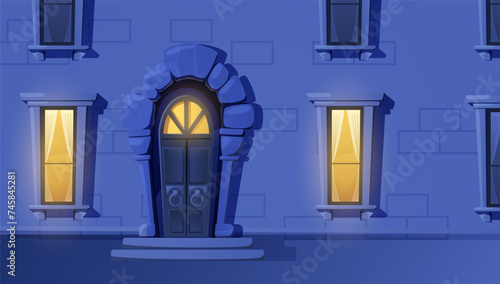 Medieval door to castle light in the windows in the night, vector old vintage entrance from wood, stone and metal hafts