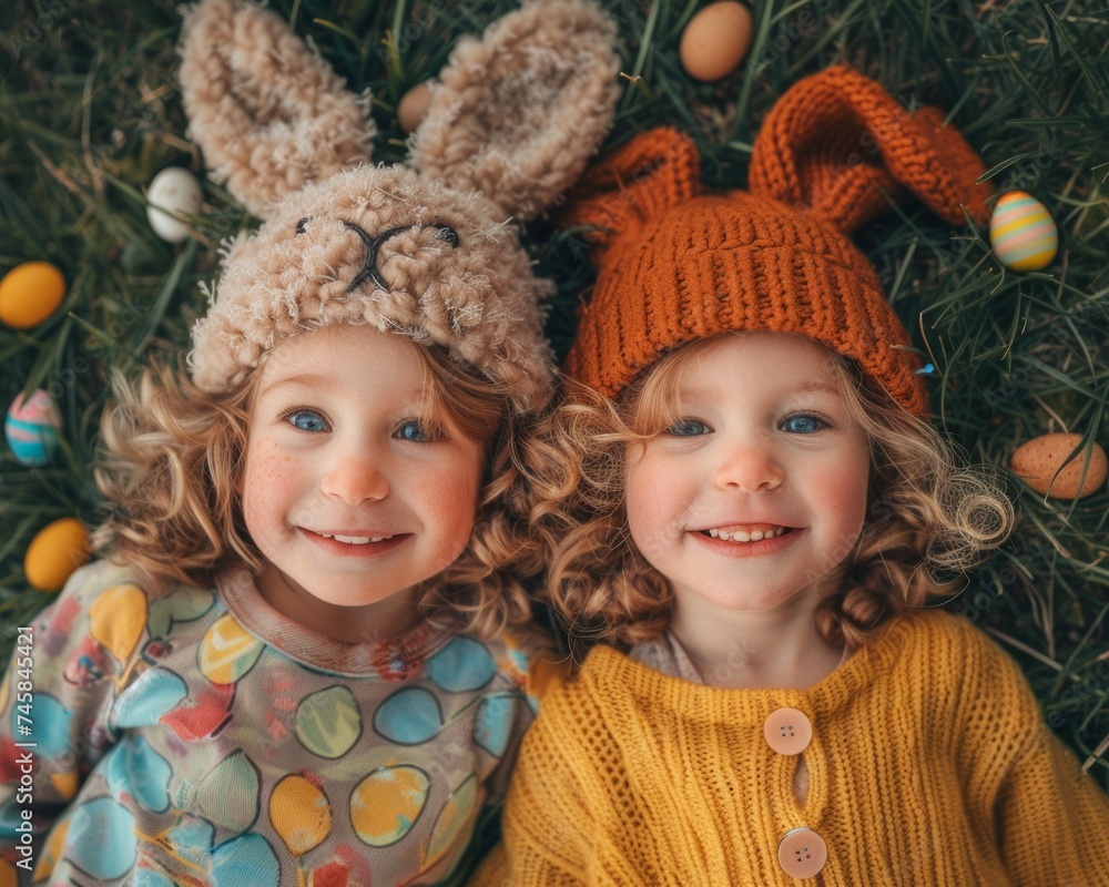 Smiling sisters with knitted bunny ears lying on grass in matching outfits Smiling sisters with knitted bunny ears lying on grass in matching outfits