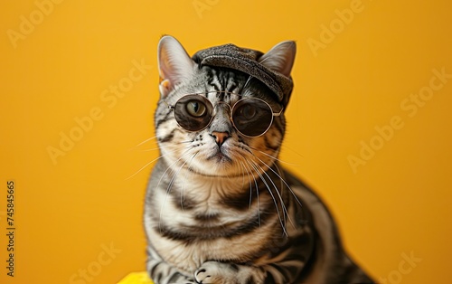 Abyssinian cat with sunglasses and cap on a professional background © haha